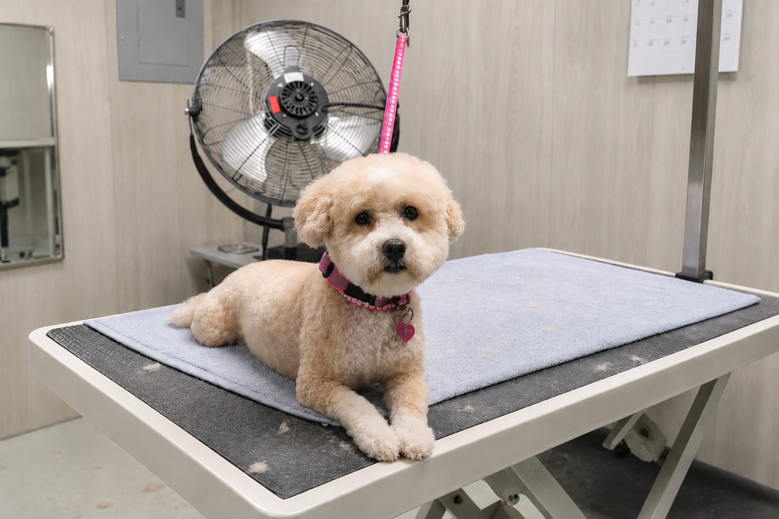 Cream poodle mix relaxing on the grooming table at One-on-One Dog Grooming